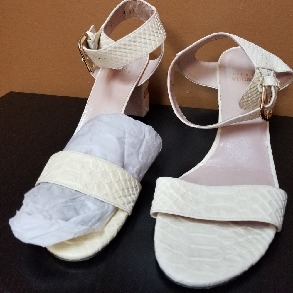 Stuart Weltzman skin pattern block sandals.